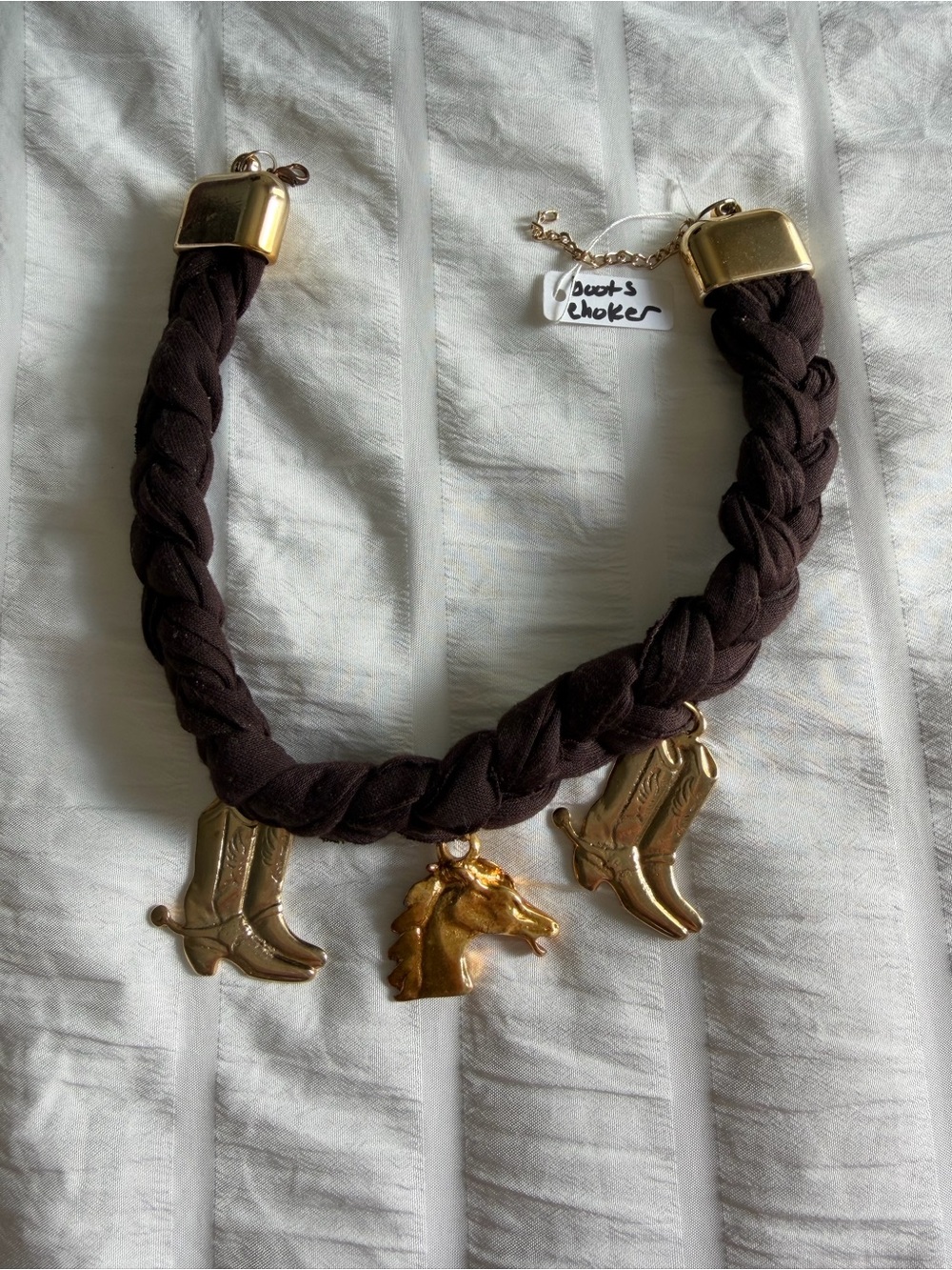 Brown Braided Necklace with Gold Western Charms